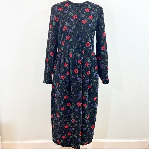 Talbots Black Red Green Floral Maxi/Midi Dress 100% Cotton Sz 6 Corduroy Velvet - Picture 1 of 16